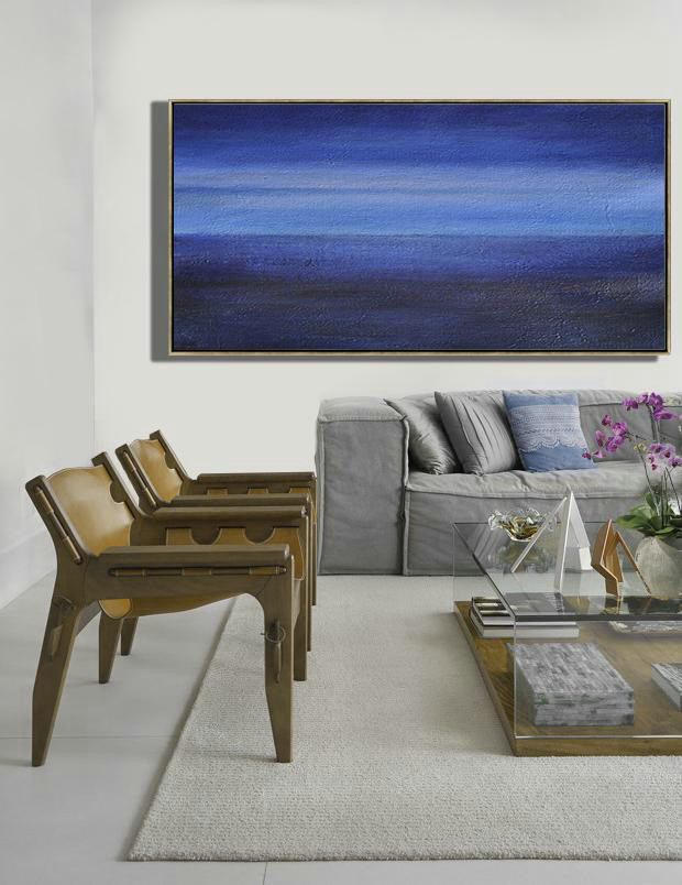 Handmade Large Contemporary Art,Hand Painted Panoramic Abstract Painting,Canvas Wall Paintings,Dark Blue,Light Blue,Black.etc